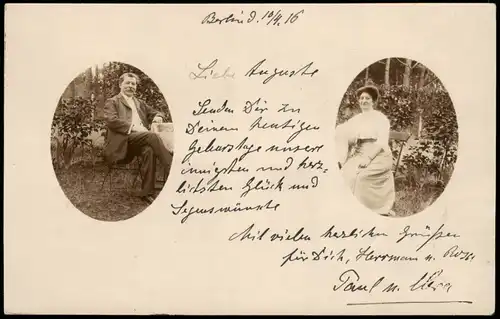Fotokarte Mann und Frau im Garten 2 Bilder 1916 Privatfoto  gel. Stempel Berlin