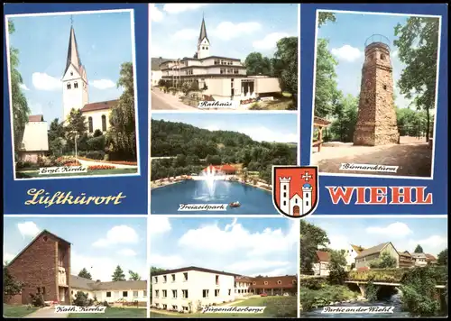Ansichtskarte Wiehl Kirche, Rathaus, Freizeitpark 1982