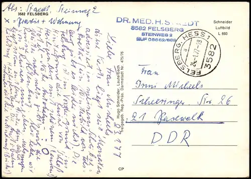 Ansichtskarte Felsberg (Hessen) Luftbild 1977  gel. unfrankiert mit Stempel