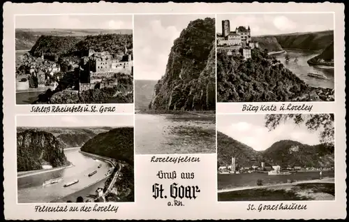 Ansichtskarte St. Goarshausen Burg Katz, Rheinfels, Loreley 1964