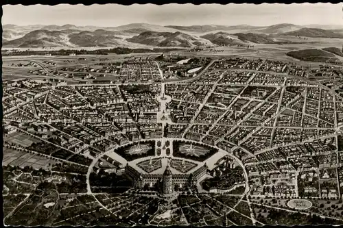Ansichtskarte Karlsruhe aus der Vogelschau -Künstlerkarte 1961