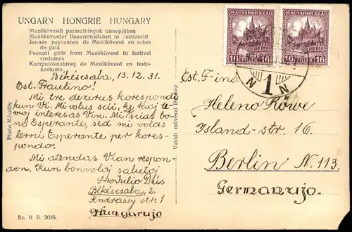 Postcard .Ungarn Peasant girls from Mezőkövesd Magyar in festival 1931