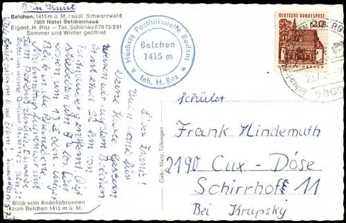 Ansichtskarte Schönau im Schwarzwald Hotel Belchenhaus 1964