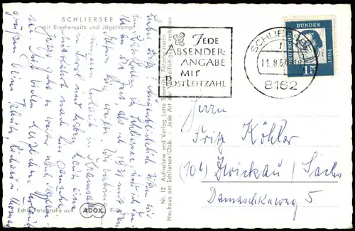 Ansichtskarte Schliersee mit Brecherspitz und Jägerkamp 1964