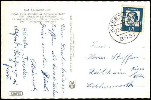 Kasendorf (LK Kulmbach) Hotel - Café - Konditorei ,,Schwarzes Roß"" 1964