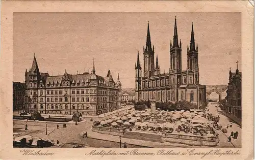 Ansichtskarte Wiesbaden Markt, Stände, Kirchen 1922