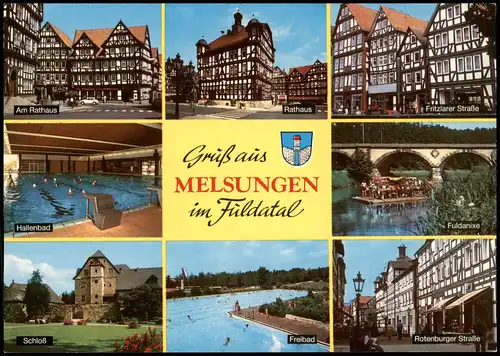 Melsungen Mehrbild-AK mit Rathaus, Hallenbad, Schloß, Freibad uvm. 1980