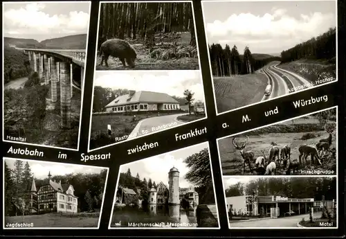 Mespelbrunn Mehrbild-AK Sehenswürdigkeiten, Autobahn Hotel im SPESSART 1960