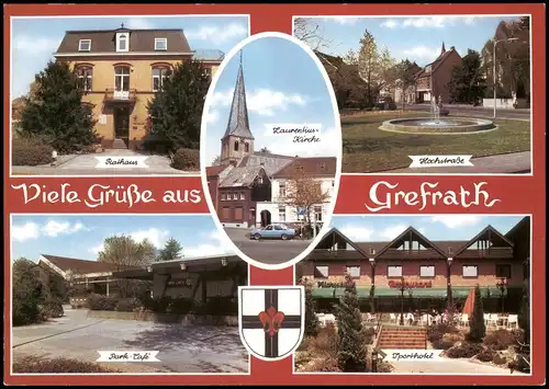 Grefrath Mehrbild-AK mit Laurentius Kirche Rathaus Hochstraße Sporthotel 1980