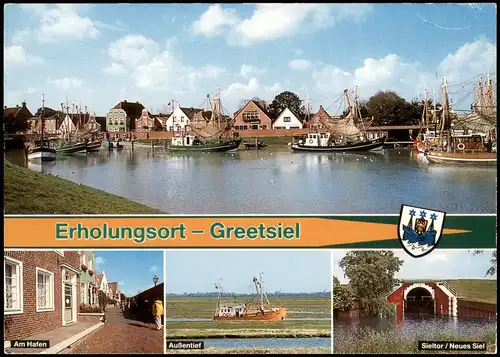 Greetsiel-Krummhörn Mehrbildkarte mit Hafen, Panorama, Außentief u. Sieltor 1985