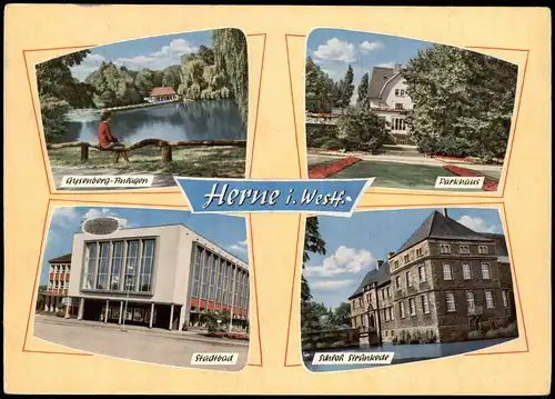 Herne Mehrbildkarte mit Parkhaus, Stadtbad, Schloß Strunkede 1964