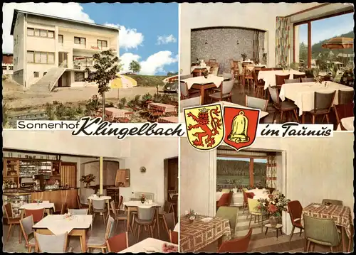 Klingelbach Mehrbild-AK Ort im Taunus, Gasthof Sonnenhof Innen & Außen 1962
