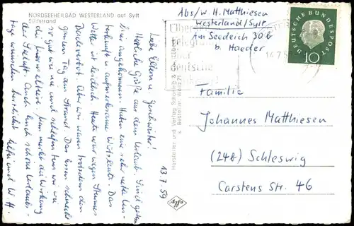 Ansichtskarte Westerland-Sylt Südstrand 1959