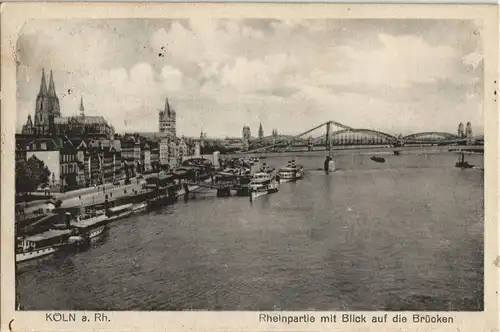 Ansichtskarte Köln Rheinpartie mit Blick auf die Brücken 1928