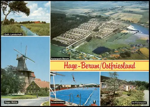 Berum-Hage Ostfriesland Mehrbild-AK Ferienpark, Schwimmbad, Hager Mühle 1986