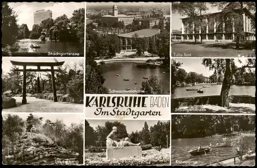 Ansichtskarte Karlsruhe Kahnpartie, Stadtgartensee, Schwarzwaldhalle uvm 1968