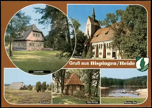 Bispingen Mehrbildkarte mit Schafstall, Kirche, Brunau-See, Lesehalle 1985