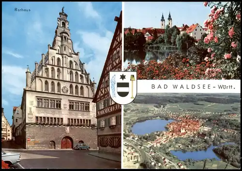 Bad Waldsee Mehrbildkarte Ortsansichten, u.a. VW Käfer vor Rathaus 1980