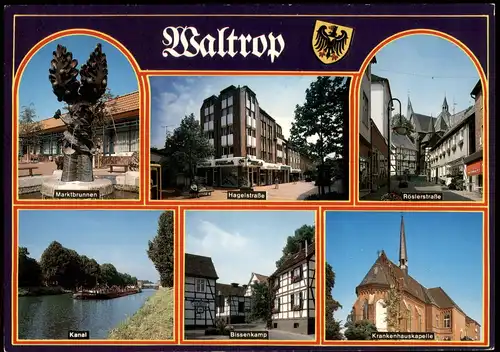 Waltrop Mehrbild-AK Strassen Ansichten, Kanal, Krankenhaus-Kapelle 1990