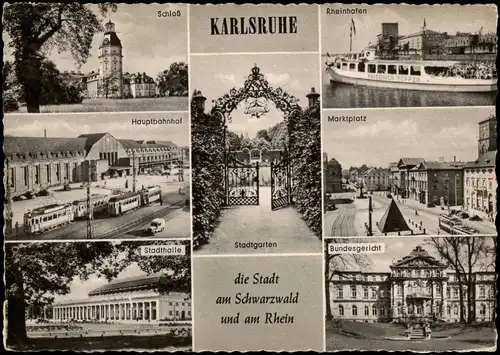 Ansichtskarte Karlsruhe Rheinhafen, Schloß, Markt uvm 1956