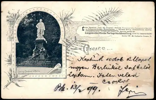 Ansichtskarte Berlin Lessing-Denkmal, Gruss aus 1899