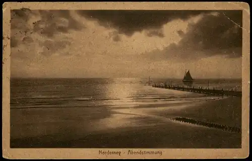 Ansichtskarte Norderney Strand, Segelboot - Abendstimmung 1922