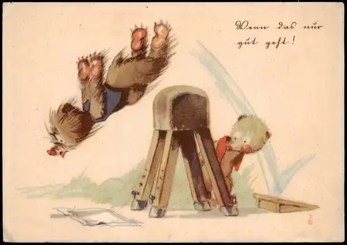 Ansichtskarte  Wölfe beim Bockspringen Künstlerkarte 1955