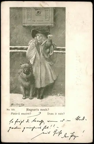 Regnets noch? Does it rain ? Kinder Künstlerkarte Junge Hund Briefkasten 1900