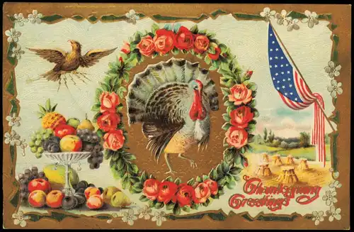 Glückwunsch: Thanksgiving / Erntedankfest Turkey USA 1910 Goldrand/Prägekarte