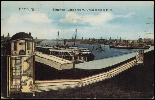 St. Pauli-Hamburg Elbtunnel, Dampfer, Querschnitt - Künstlerkarte 1924