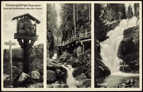 Hirschberg (Schlesien) Jelenia Góra Zackelfall Riesengebirge 3 B Wegweiser 1938