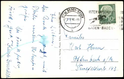 Baden-Baden Merkur Gaststätte 1956 Sonderstempel Internatioanale Rennen