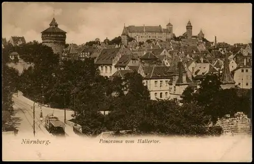Ansichtskarte Nürnberg Panorama vom Hallertor, Straßenbahn 1908