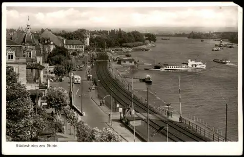 Ansichtskarte Rüdesheim (Rhein) Bahnstrecke und Fähre 1953