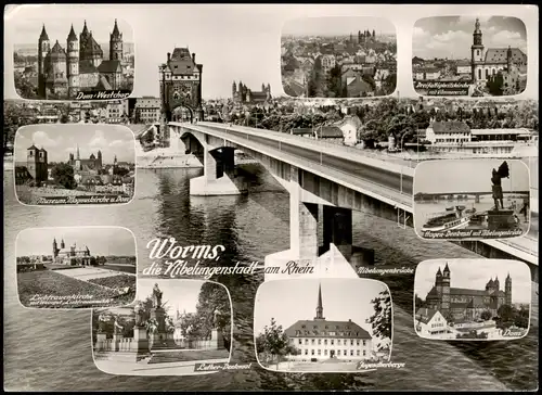 Worms Mehrbildkarte mit Rhein Brücke, Hagen-Denkmal, Jugendherberge uvm. 1958