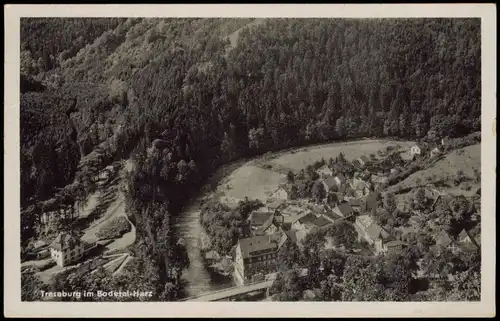 Ansichtskarte Treseburg Blick auf die Stadt 1955  gel. Stempel ZURÜCK