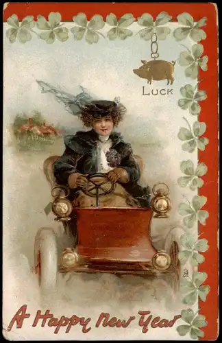 Neujahr Sylvester New Year Frau Auto Glücksschwein in Gold 1909 Prägekarte