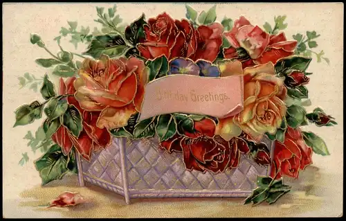Ansichtskarte  Glückwunsch Geburtstag Birthday Rosenbouquett 1908 Goldrand