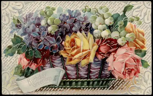 Geburtstag Birthday Blumenbouquet Flower Rosen Feilchen 1912 Silberrand