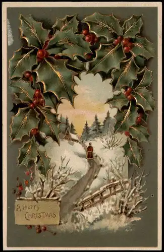 Weihnachten - Christmas Mistelzweige Straße Landschaft 1912 Goldrand/Prägekarte