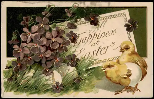 Glückwunsch Ostern / Easter Küken - Kleeblätter Ei 1900 Goldrand/Prägekarte