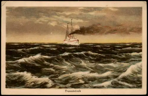 Travemünde-Lübeck stürmische See, Dampfer - Künstlerkarte 1926