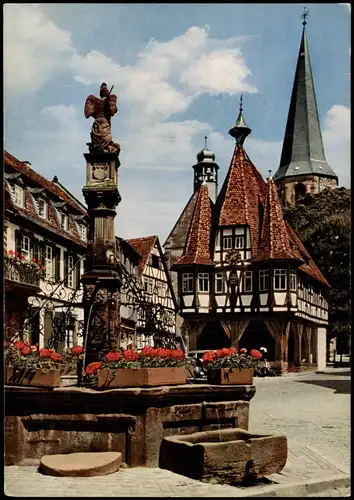 Ansichtskarte Michelstadt Marktplatz Partie am Brunnen, Fachwerkhäuser 1960