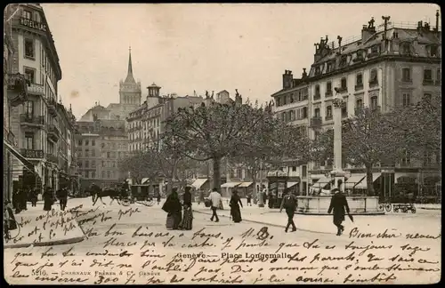 Ansichtskarte Genf Genève Place Longemalle, Kiosk Kutsche 1902
