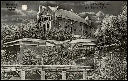 Ansichtskarte Nürnberg Neujahr, Burg bei Mondschein im Schnee 1917