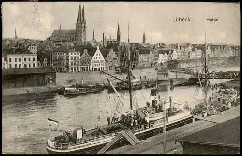 Ansichtskarte Lübeck Hafen, Stadt, Dampfer 1926