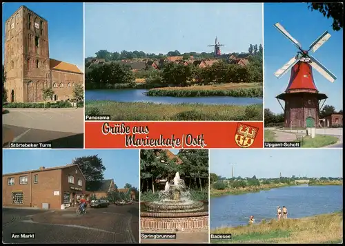 Marienhafe Mehrbild-AK mit Badesee, Upgant-Schott Windmühle uvm. 1990