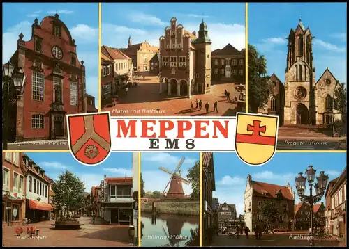 Meppen Mehrbild-AK mit Markt mit Rathaus Bahnhofstr. Propstei-Kirche uvm. 1980