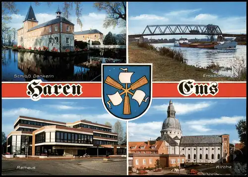 Haren (Ems) Mehrbild-AK mit Schloss Dankern, Ems-Brücke, Rathaus, Kirche 1990