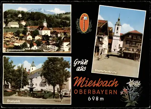 Miesbach Ortsansichten Mehrbild-AK u.a. Stadtplatz, Pfarrkirche 1965